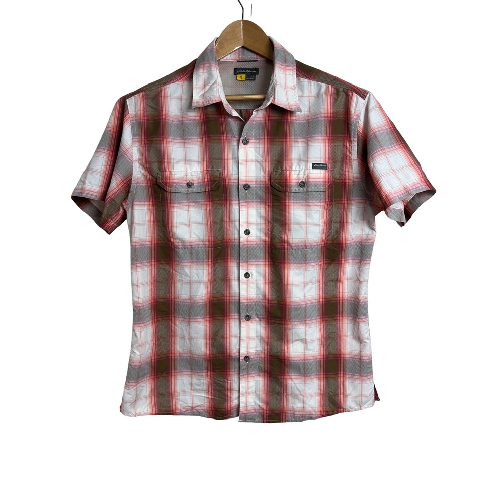 Eddie Bauer Plaid Button Up Shirt Mens Large Orange Brown Short Sleeve Hiking A3